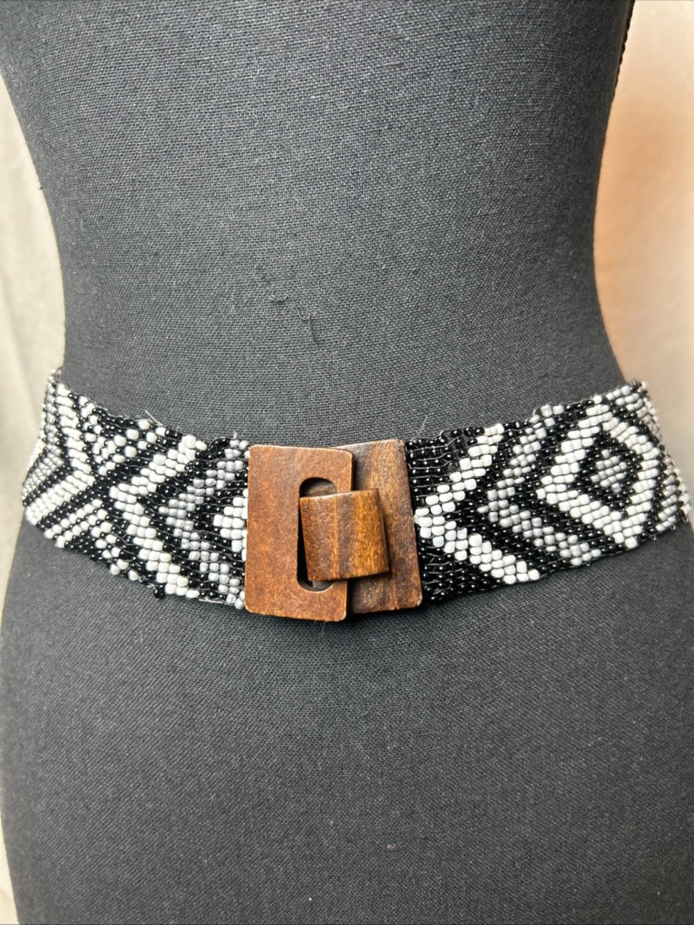 Handmade Beaded Stitch Wide 2" Belt Wood Clasp Black White Geometric Boho S